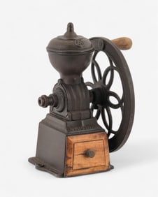 Spanish Cast Iron and Wood Flywheel Coffee Grinder