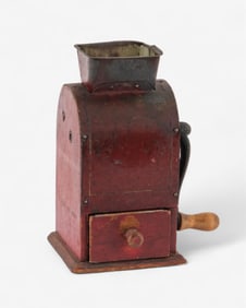 Red Painted Cast Iron and Wood Coffee Grinder