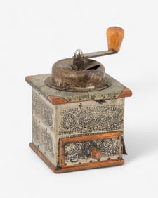 Ornate Tin and Wood Coffee Grinder with Scrollwork Design