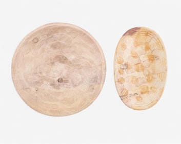 Pair of Handcrafted Marbled Shell Dishes with Fish and Floral Etching