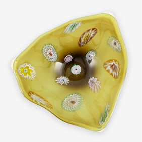 Murano Millefiori Yellow Art Glass Bowl with Controlled Bubble Feet