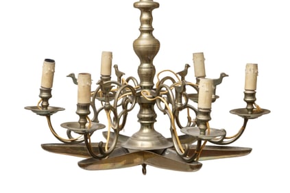 Six Light Brass Chandelier in 18th century form with candle wax drip collectors