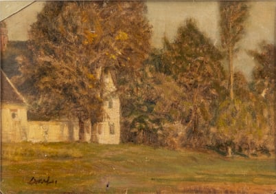 Mystery Artist: Barbizon School, View of a House, 19th Century Signed Canvas on Cardboard Painting