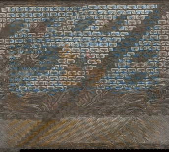 Antique Chinese Silk Imperial Court Badge of Rank, Qing Dynasty, 19th C.: Keywords: Qing Dynasty, 19th Century, Kesi Silk, Social Rank Badge, Bannermen, XieZhai, Ruyi Clouds, Eight Banners, Imperial Court, Military HierarchyGold metal and blue silk thread, in two panels, de