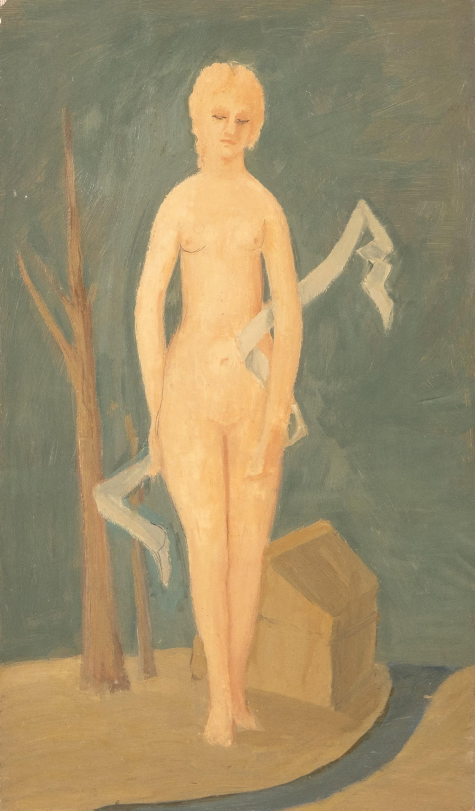 Pierre Georgeot Oil on Panel Painting, Circa 1970s: Keywords: figurative painting, female figure, Modernism, Minimalist Figuration, Post-War Art, Mid-20th Century Painting, Symbolism, Abstracted Classicism, Amedeo Modigliani Style, Balthus Style, Andre