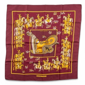 Hermes “Artaban" Silk Scarf by P. Peron, Burgundy Background