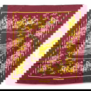 Hermes “Artaban" Silk Scarf by P. Peron, Burgundy Background: Keywords: Mid-Century, 20th Century Fashion, Art Deco, Equestrian Motif, Classic Hermes, Pierre Peron, Jean-Louis Dumas Style, Henri d'Origny Style, Silk, Hand-Rolled Hem, Screen Printing, Collector��