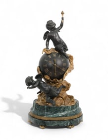 Signed Imperial Italian Patinated Bronze & Marble Cherub Mantle Clock
