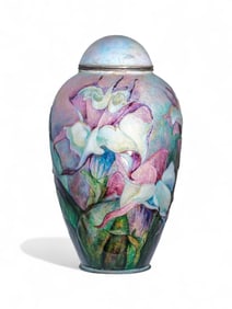 Camille Fauré, Rare Large Raised Enamel on Copper Iris Lidded Vase, Signed, Circa 1930