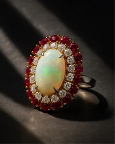 Impressive 14k Gold Convertible Opal, Ruby and Diamond Ring
