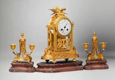 French Antique Dore Gilt Bronze Garniture Clock Set, 19th Century