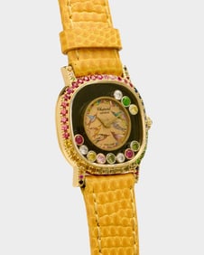 Chopard 18k Yellow Gold Happy Diamonds Watch with Pave Gemstones and Hand-Painted Bird Scene, Circa