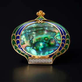 Marcus & Company Museum Quality Art Nouveau 18k Diamond and Enamel Brooch