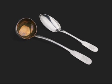 19th Century Russian Silver Ladle and Serving Spoon Set with Family Crest, 1876