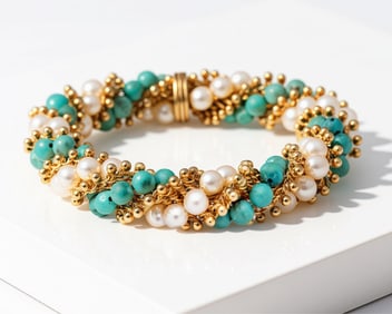 Van Cleef & Arpels Signed 'Twist' Bracelet In18k Gold with Pearls and Turquoise
