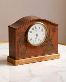 La Gerbe D'or Art Nouveau French Silver Over Copper Clock, on Onyx base, Signed Circa 1910