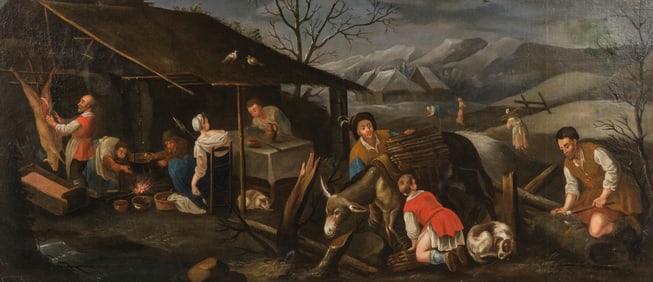 Francesco Bassano Ii Important Larger Old Master Oil Painting of Village Scene