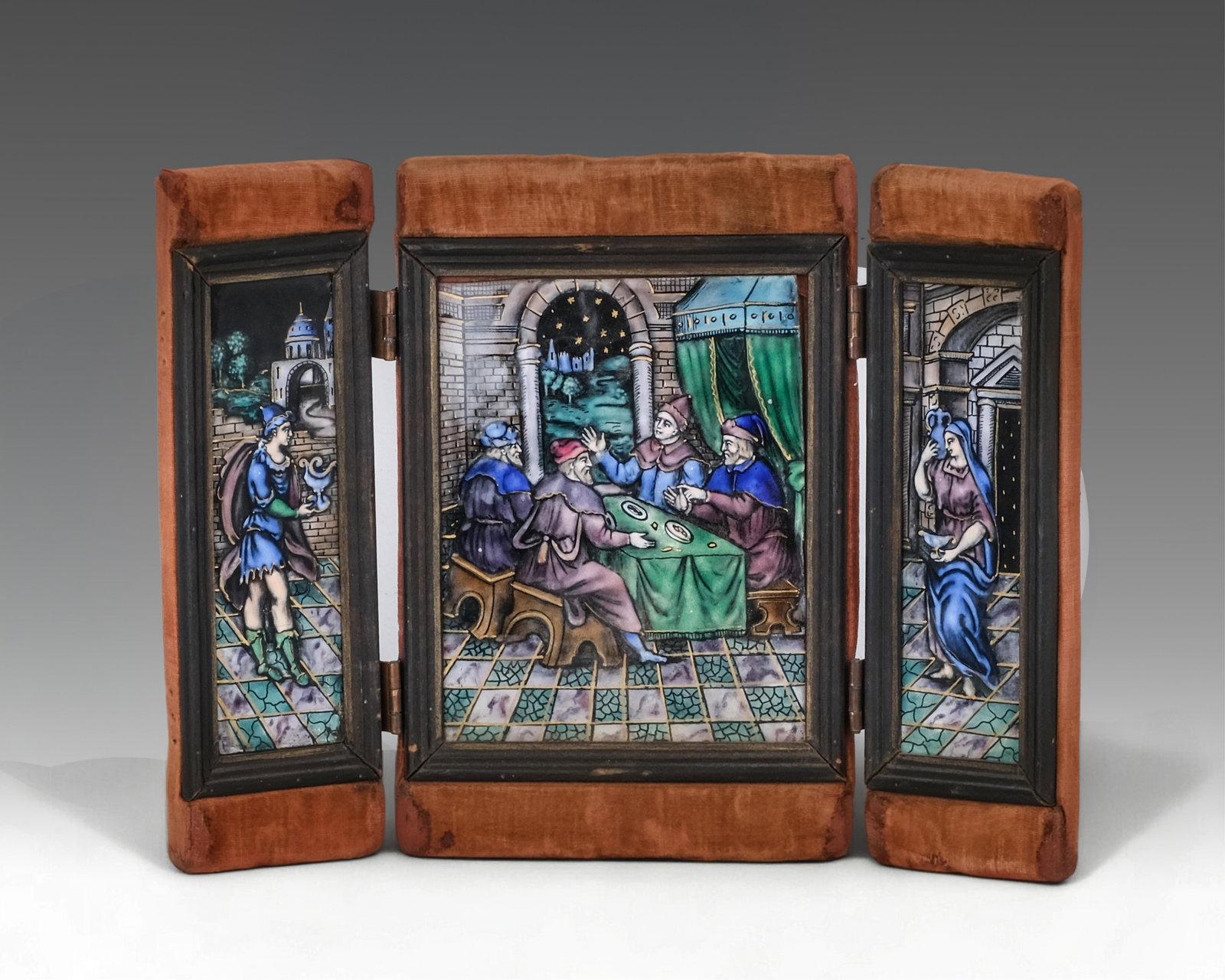 Limoges Antique Enamel on Copper Triptych, 19th Century: Keywords: Enamel on copper, Ancient scene, Copper art, Enamel artwork, Artistic triptych, Ornamental art, Copper craftsmanship, Decorative triptychLimoges antique enamel on copper triptych. Finely cra