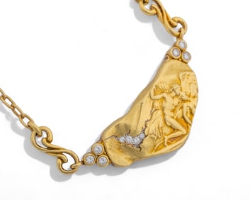 18k Gold Diamond and Platinum Art Nouveau Antique Pendant Necklace Mythological Romantic Scene