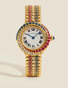 Cartier “Trinity" Important 18k Yellow Gold Watch with Diamonds, Rubies, and Sapphires, Circa