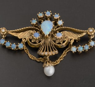Antique 14k Yellow Gold Brooch with Diamonds, Opals, and Pearl