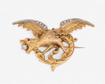 18k Gold Chimera Brooch with Diamonds & Ruby French Circa 1900