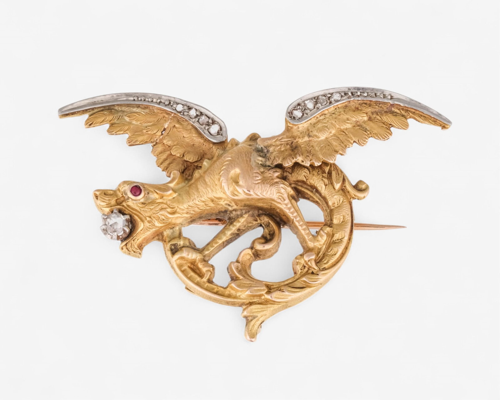 18k Gold Chimera Brooch with Diamonds & Ruby French Circa 1900 (1 of 7)