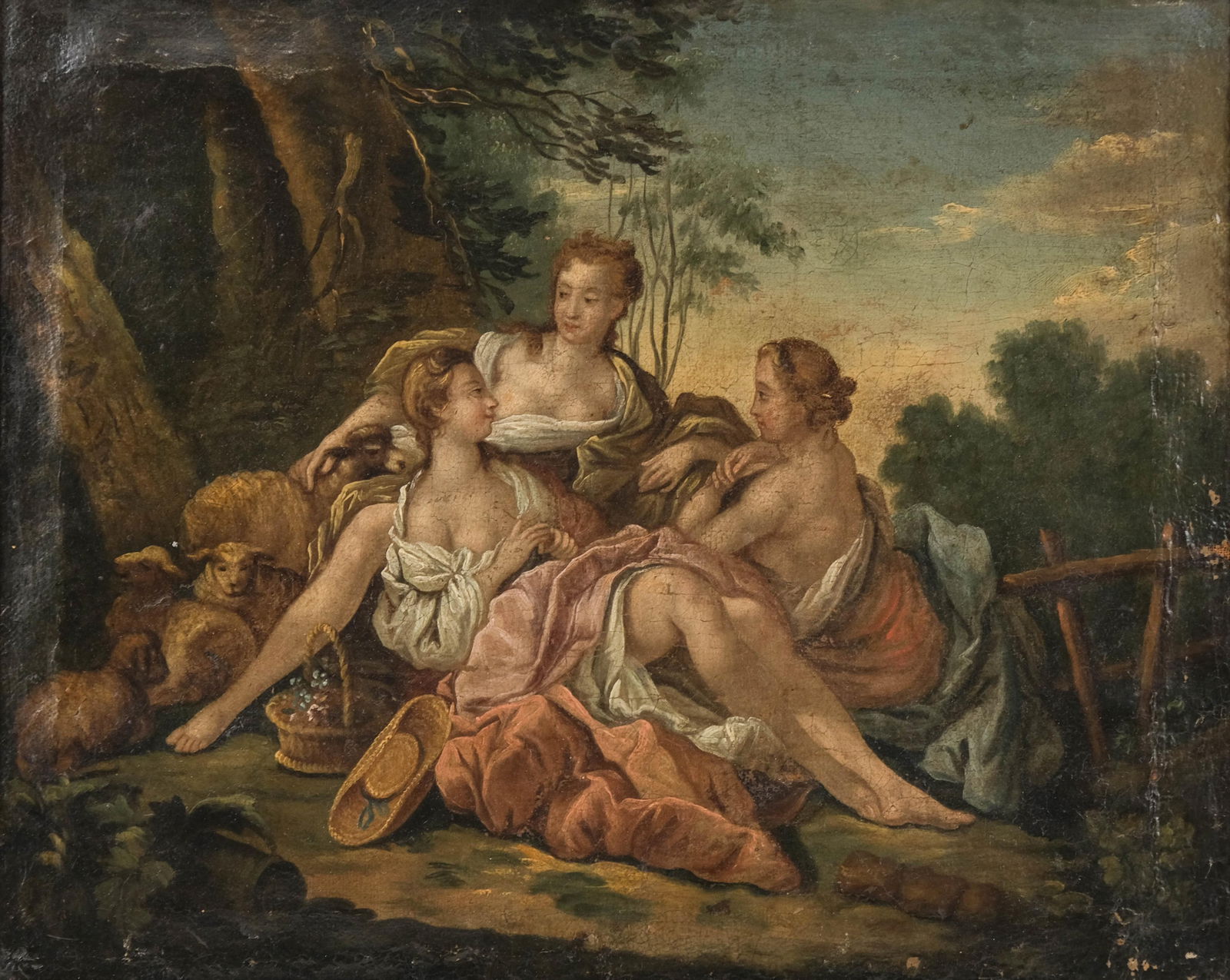 18th Century French School Allegorical Oil Painting: Keywords: allegorical painting, oil on canvas, pendant composition, classical figures, Rococo style, pastoral theme, European antique art, 1700's art, gods and goddesses18th century French School oil
