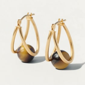 Signed Jcm 14k Gold Double-Hoop Tiger’s Eye Earrings