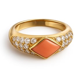 Van Cleef Style 18k Yellow Gold Ring with Diamond Pave and Coral