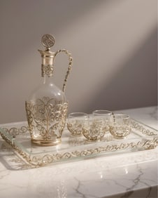 Openwork Silver and Crystal Serving Set Intricate Silver Overlay Over Crystal, 19th Century