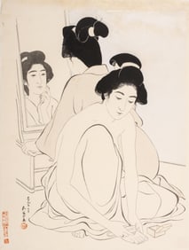 Hashiguchi Goyo Japanese Woodblock Print of Woman Grooming Before Mirror, Circa 1950