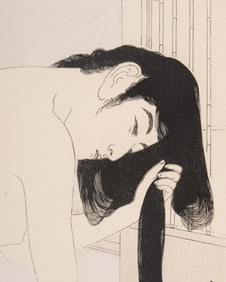 Hashiguchi Goyo Japanese Woodblock Print of Nude Woman Washing Hair, Circa 1950