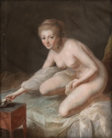 Mystery Artist of the 18th Century French School 'La Toilette intime' Pastel on Vellum Painting