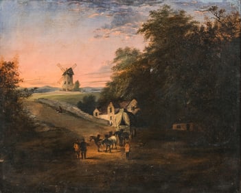 Philips Wouwerman Oil on Canvas Painting of Village and Windmill