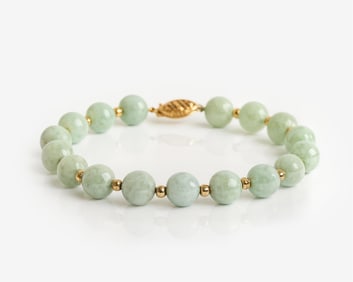 Signed G.S.J. 14k Gold Clasp Green Jadeite Bead Bracelet