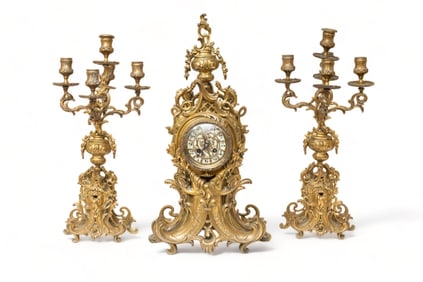 Clock Garniture Mantelpiece, Impressive 21 Inches tall, Gilt Bronze, 19th Century