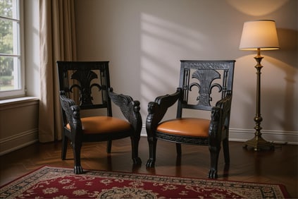 Pair of French Napoleon Style Throne Armchairs, Carved and Ebonized