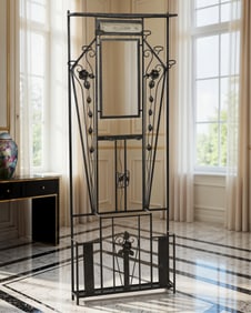 French Art Deco Period Iron and Art Glass Illuminated Hall Coat Rack