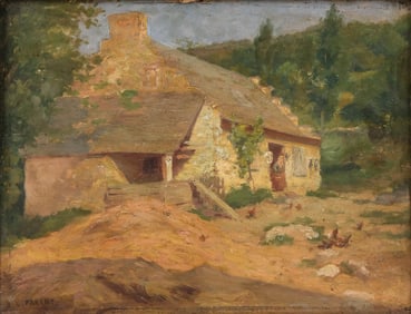 Leon Parent Signed Oil on Wood Panel Painting, “Woman Outside a Cottage