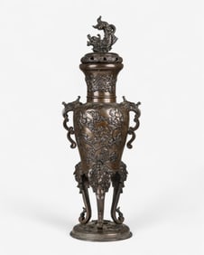 Japanese Meiji Period Bronze Incense Burner with Stylized Relief