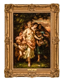 Narcisse Díaz De La Peña Signed Romantic Oil Painting of Diane with Cherubs