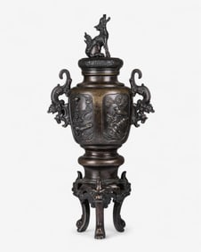 Japanese Meiji Bronze Incense Burner with Mythical Beast Finial