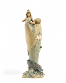 Bernard Bloch Signed Art Nouveau Polychrome 17" Tall Ceramic Vase, Austrian, Early 20th Century