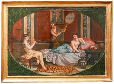 Mystery Artist: Signed 19th Century Oil on Canvas Painting of Pompeii Domestic Scene