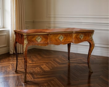 Louis Xv-Style Marquetry Flat Desk with Bronze Mounts, Late 19th Century