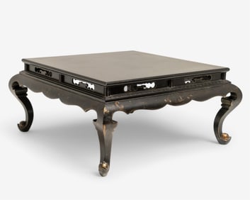 Chinoiserie Style French Antique Black Lacquered and Gilt Low Table