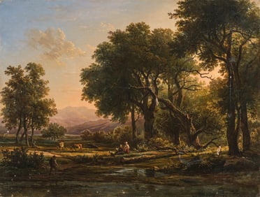 Signed Victor De Grailly Pastoral Scene at Sunset, Oil on Canvas Painting