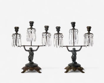 Pair of Egyptian Revival Three-Light Candelabra with Crystal Prisms