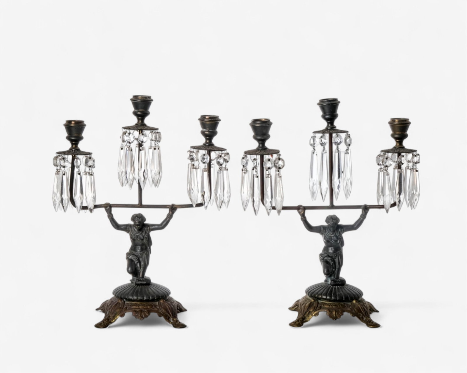 Pair of Egyptian Revival Three-Light Candelabra with Crystal Prisms (1 of 8)